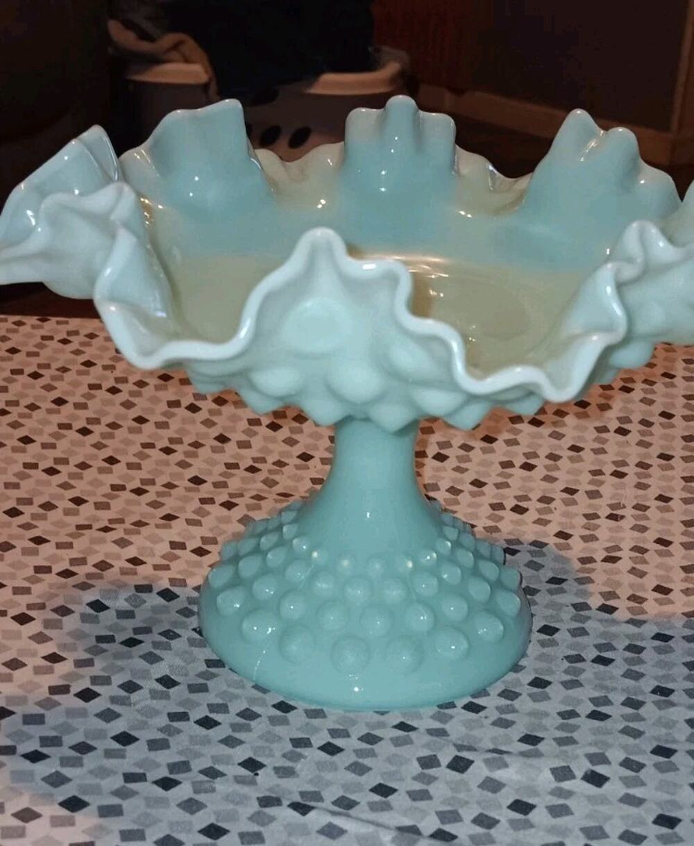 Fenton 5.5" T 8" Dia Centerpiece Compote Hobnail Creamy Green Milk Glass Crimped